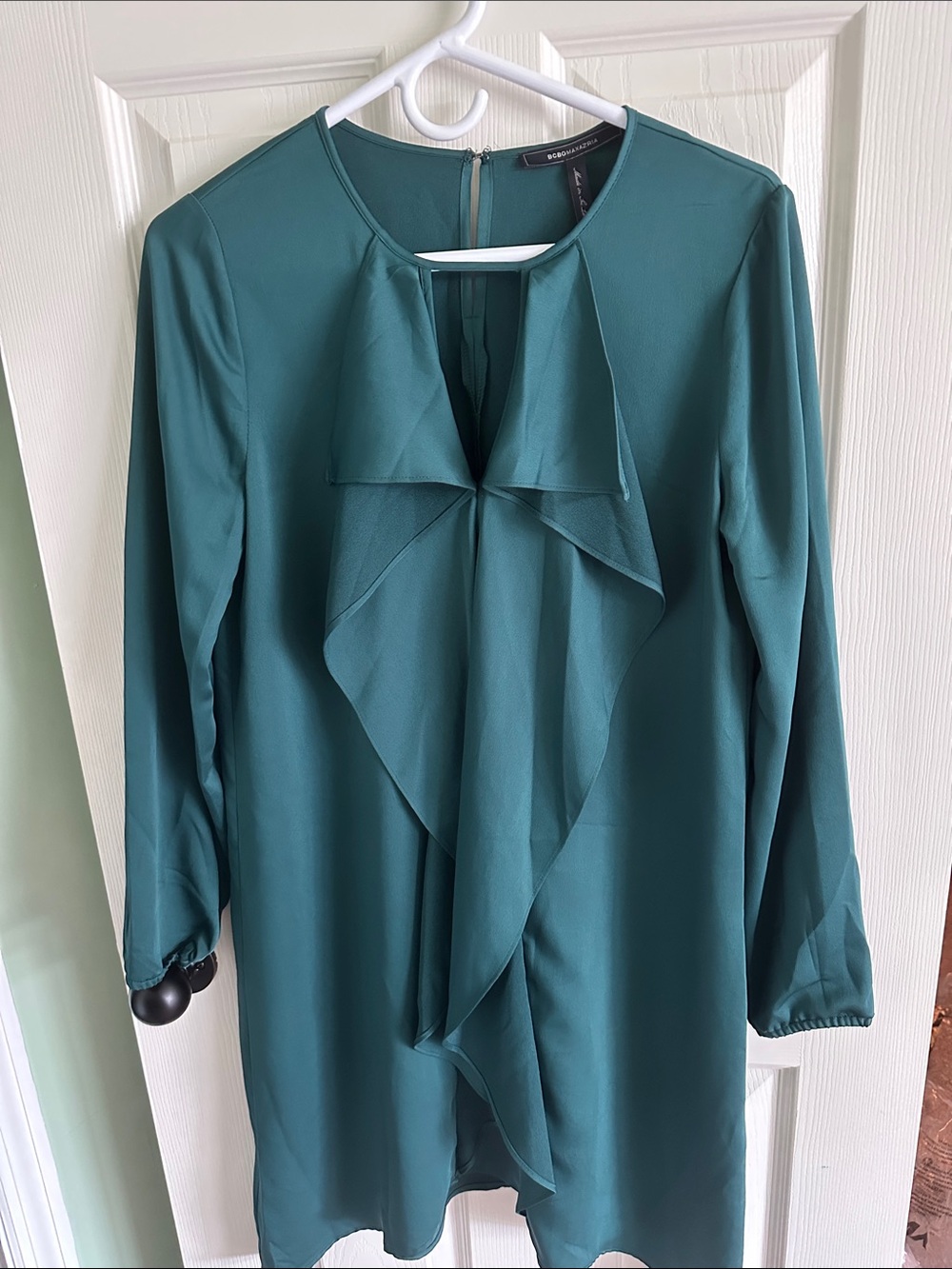 BCBGMaxazria Green Ruffle Front Long Sleeve Tunic